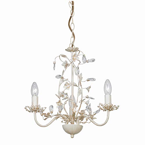 National Lighting Azalea Decorative 3 Way Branch Arm Cream Gold Finish Pendant Ceiling Light with Flower Shaped Cut Out and Bead Detailing 370mm