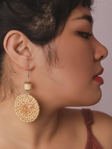 Image of MINACHI Boho Chic Handmade Rattan Wood Dangle Drop Earrings for Women, Bohemian Summer Beach Statement Jewelry Gift for Women