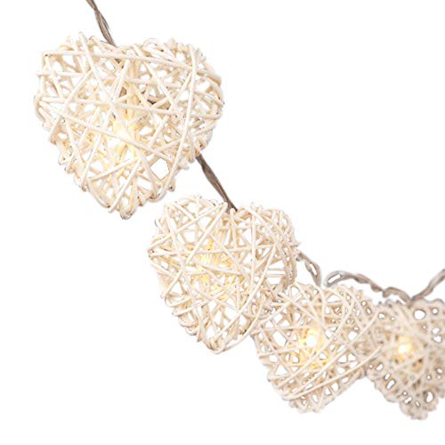 Blaze On Wicker Heart Fairy Lights (Natural Cream) – 10 Warm White LED Lights – Hand-Woven Wicker Hearts Made from Natural Rattan – 3-Pin UK Mains Plug – Indoor Decorative String Lights