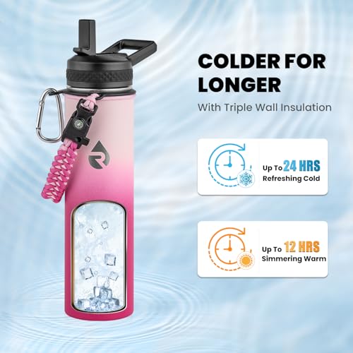 Image of RAYMYLO Insulated Water Bottle 24 oz, Triple Wall Vacuum Stainless Steel (Cold for 24Hrs, Hot for 12Hrs), Leak Proof & Non-BPA, Modern Water Flask Jug with Paracord Handle & Straw Spout Lids