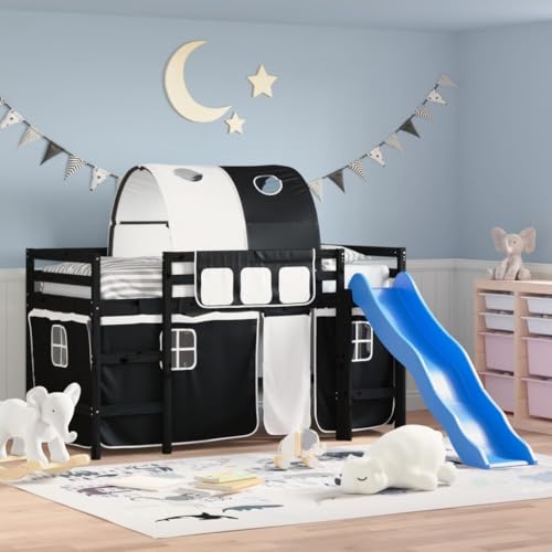 KLYEON Cama Alta niños con túnel Madera Pino Blanco Negro 90x190 cm,Cama Alta para Niños con Tobogán y Cortinas, Madera Maciza, para Dormir y Divertirse Camas y somieres