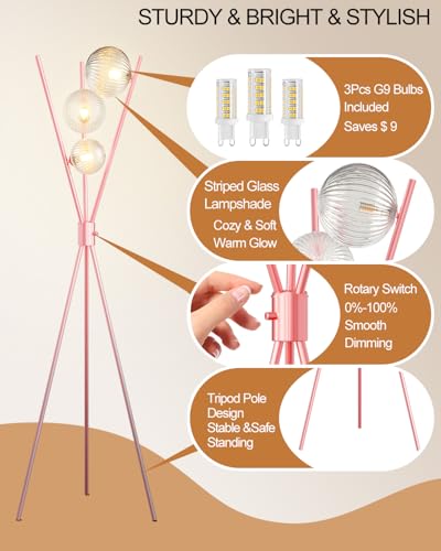 Image of Lightdot Tripod Floor Lamp Dimmable Pink Standing Lamps with Globe Clear Glass Lampshade 3PCS 3000K Bulbs Included Mid Century Modern Floor Lamp for Living Room /Bedroom /Sofa Beside /Corner Decor