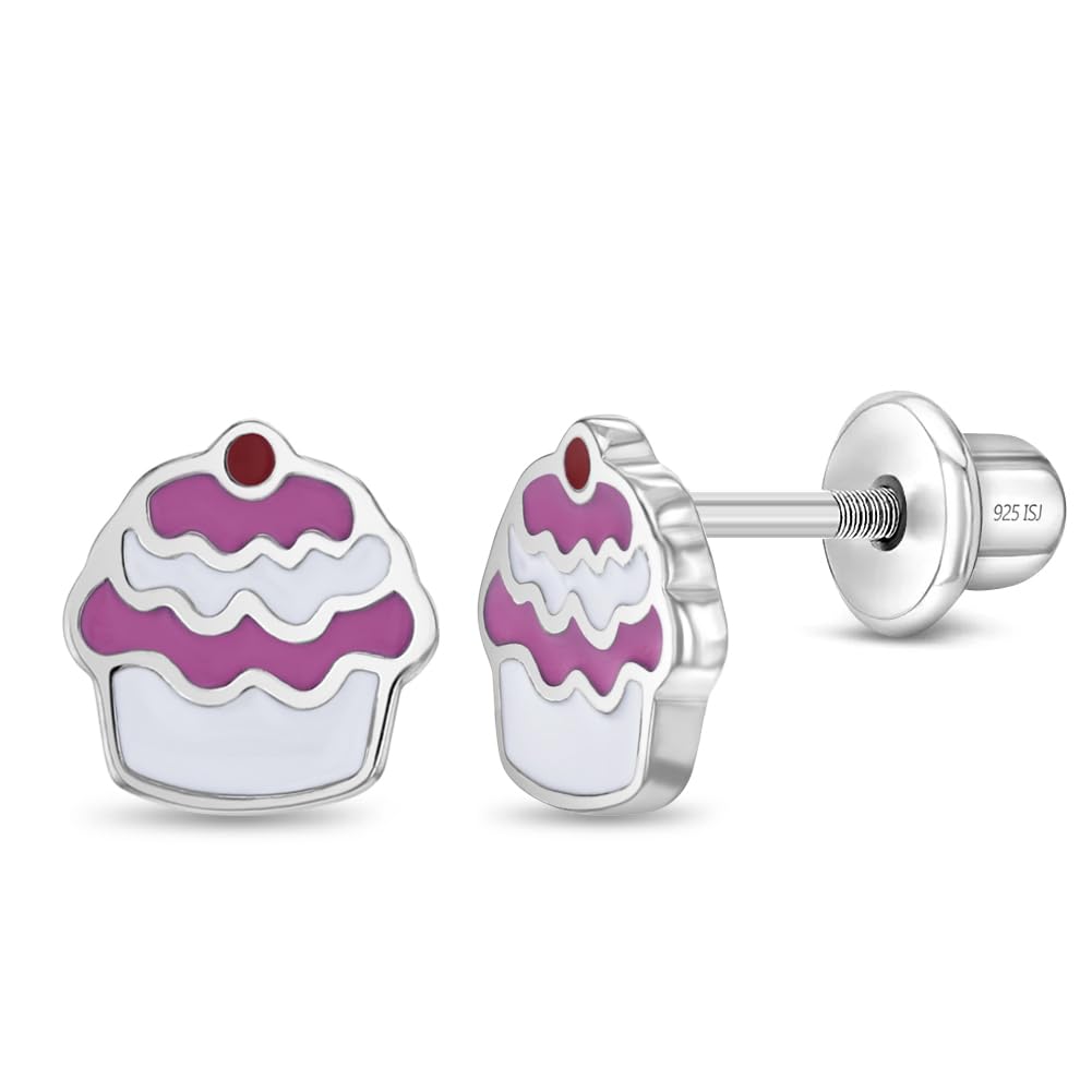 925 Sterling Silver Little Girls Enamel Cupcake Earrings, Screw Back Locking for Toddlers & Young Girls - Fun Screw Back Girl Earrings