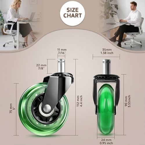 Image of 3 Inch Office Chair Wheels, Set of 5 (Green) | Heavy Duty Replacement Casters for Hardwood Floor & Carpet, Smooth Quiet Roll, Universal 11mm Stem, Non-Marking PU Wheels