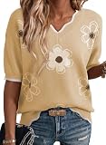 Dokotoo Oversized Sweaters for Women 2026 Trendy Classic Breathable Spring Work Summer Tops Business Casual Outfits for Ladies Fashion Knit Floral Sweaters Lightweight Classic Blouses Khaki XXLarge