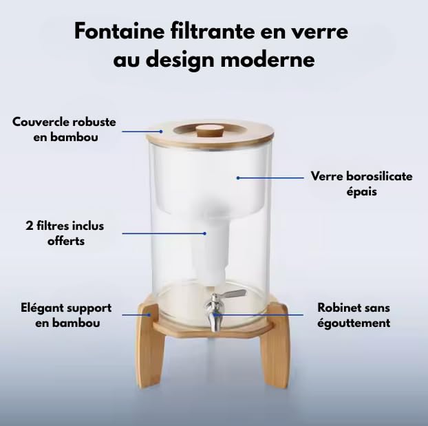 Système de filtration d'eau par Gravité 8L livré avec 2 filtres | Purificateur d’eau | Fontaine à eau filtrante en Verre | Carafe filtrante | Alcalinisant