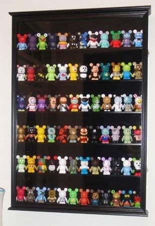 Large 144 Shot Glass Display Case Rack Solid Wood Cabinet Holder Wall Curio Cabinet Shadow Box for Action Figures Small Figurines - Lockable with UV Protection Acrylic Glass Door - Black Finish