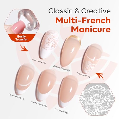 Image of Modelones 16PCS Lace Nail Stamping Kit, French Tip Stamper White Black Painting Gel Polish Chrome Powder Proof Matte Gel Top Coat Gingham Template Dual Nail Art Brush Spring Manicure Gift for Women