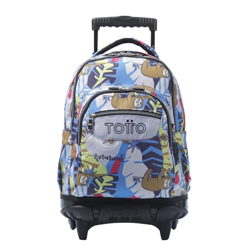 TOTTO - Mochila Escolar con Ruedas, Modelo Renglones, Capacidad 26,21 Litros, Bolsillo para PC 14' y Bolsillo para Botella, Correas en S para Mayor Comodidad, Resistente, Estampado Lazel
