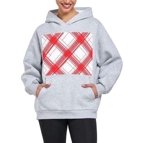 Sweat à capuche surdimensionné pour femme à carreaux rouges et manches longues