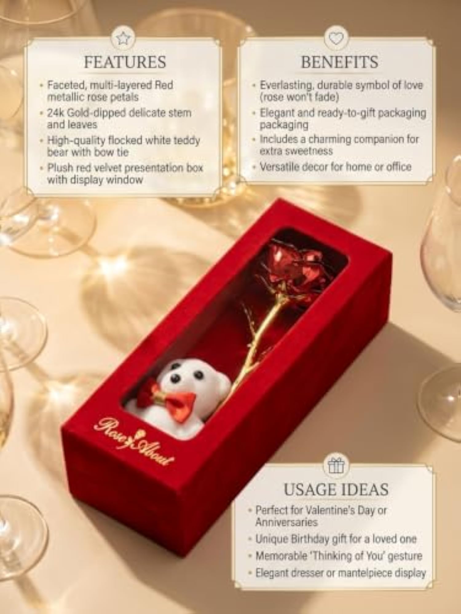 Artificial Rose Gold Stem Teddy Bear Gift Set