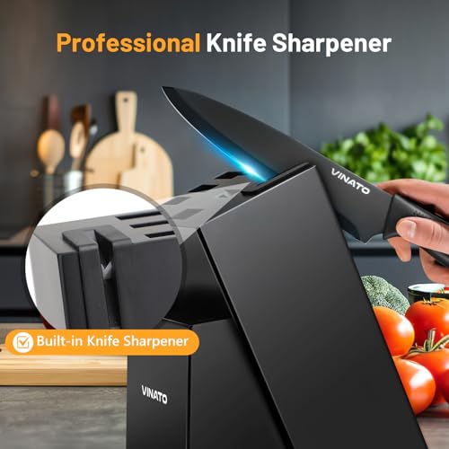 VINATO Set Coltelli da Cucina, Coltello da Cucina 14 Pezzi con Affilatore, Coltelli Professionali da Cucina da Chef, Set Coltelli da Cucina in Acciaio Inox con Manico in Plastica e Ceppo in Legno - immagine 6