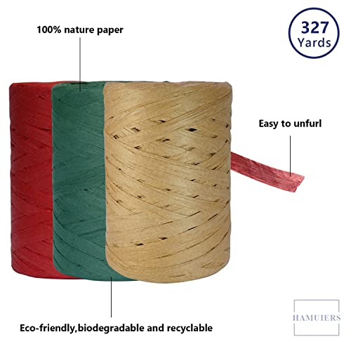 Hamuiers Raffia Ribbon For Gift Wrapping, 3 Rolls Christmas Ribbon For Craft, Packing Paper Twine Ribbon - Red Green Kraft, 1/4'' Wide, 327 Yards #TOP1