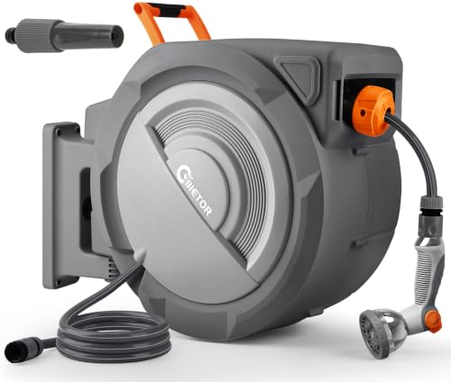 Bietor Schlauchtrommel 45m + 2m 180schwenkbar Wandmontage Automatischer Rücklauf Längenarretierung 10-Funktionen-Gartenbrause. Geeignet für Gartenbewässerung Autowäsche