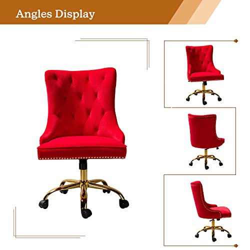 Hulala Home Velvet Office Chair With Gold Base & Nailhead Trim, Modern Tufted Upholstered Desk Chair Swivel Adjustable, Cute Armless Computer Task Vanity Chair For Women, Red #TOP2