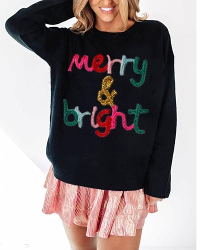 Image of SELINK Women's Holiday Sweater Crew Neck Print Casual Long Sleeve Pullover | cute tops, knit graphic sweaters, sequin letters, festive outfits, comfort fit for party daily wear