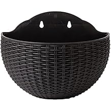 Hanging Planter Pot Half Round Imitation Rattan European Style Wall Flowerpot Rustic Decorative Flower Basket Semicircle Plastic Plant Baskets Container Flower Pot with Drainage and Hooks forblack L