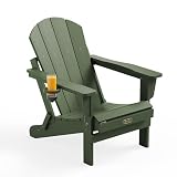SERWALL Folding Adirondack Chair for Patio Garden, All-Weather Outdoors Chairs with Cup Holder, Wooden Textured Fire Pit Chairs for Poolside, Backyard, Lawn - Army