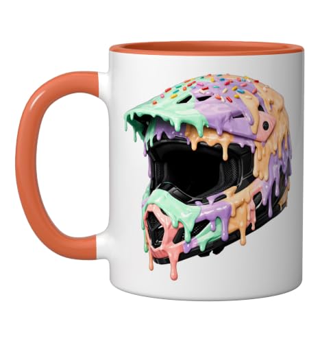 Motocross Helmet Ice Cream Melt Drip Dirt Bike Racing Men Ceramic Mug, Orange/White