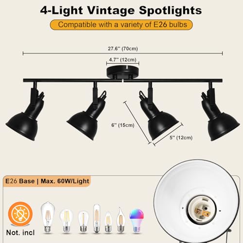 Image of HiBay Track Lighting Fixtures Ceiling Black, Adjustable 4-Light Spotlight | Industrial LED Track Lights for Kitchen, Dining Room, Bedroom, E26 Base (Bulb Not Included)