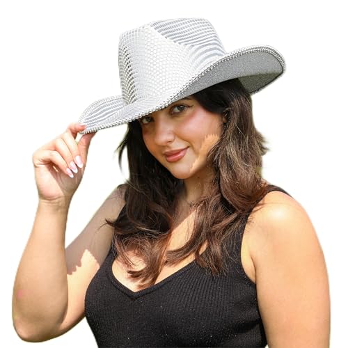 LOVETRENDS Mirrored Cowboy Hat - Pack of 1 - Silver Cowgirl Hat with Reflective Mirror Ball Effect - Mirrorball Concert Wild West Fashion Accessory