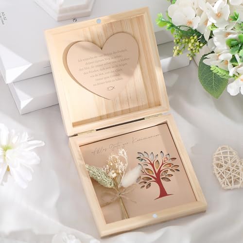 Hestya Kommunion Geldgeschenk für Mädchen Jungen Kommunion Geschenk Holzbox Geschenkbox Erinnerungskiste mit Holzherz Ausgehöhlte Holzkarte Trockenblumen, Geldgeschenke Verpackung aus Holz
