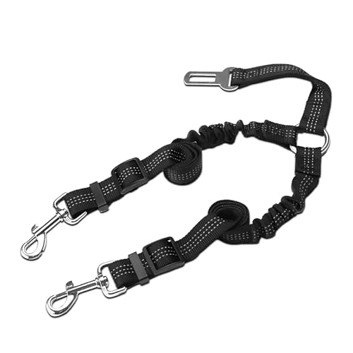 Double Dog Seat Belt, 70cm Adjustable Elastic Dog Car Harness Seatbelt with Anti-Shock Bungee Buffer, Heavy Duty Dog Seat Belts for Cars UK, Pet Safety Restraint for Travel & Daily Use