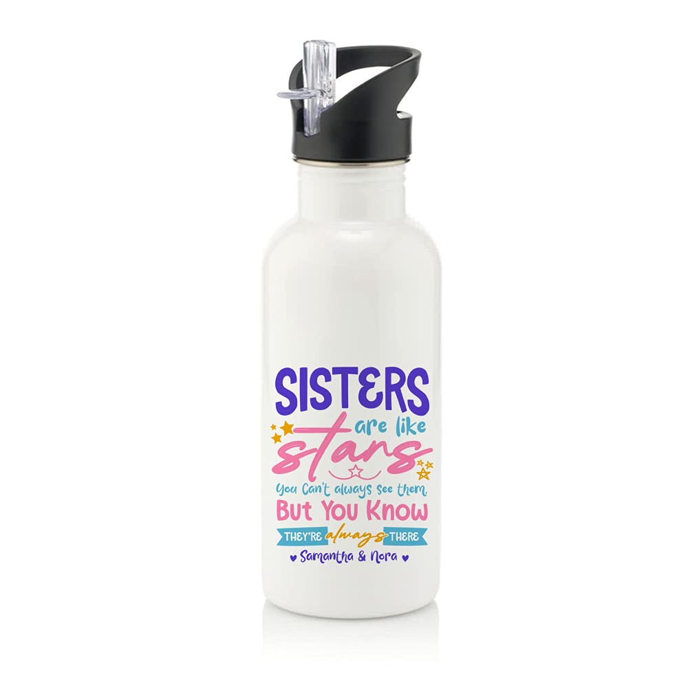 Getagift Women's White Personalised Sisters Are Like Stars Any Name, Birthday Gifts For Her, Friends Sister, Bestie, Bff Gifts Stainless Steel 600Ml Water Bottle With Straw. (White)