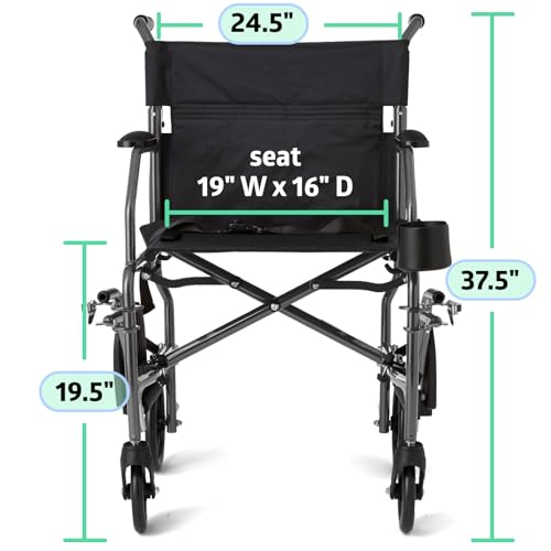 Image of Medline Ultralight Transport Wheelchair, 19 inch Wide Seat, Foldable Chair with Desk-Length Arms, Metallic Silver Frame - Lightweight, Compact, Portable