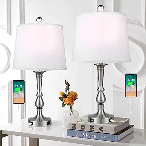 Pauwer Modern USB Table Lamps Set of 2 Metal Bedside Desk Lamps with USB Charging Port Brushed Nickel Nightstand Light White Fabric Shade Bed Lamp for Bedroom Living Room