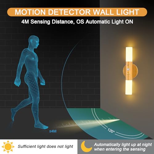 Luz de pared de madera con sensor de movimiento GuKKK recargable pack de 2 6