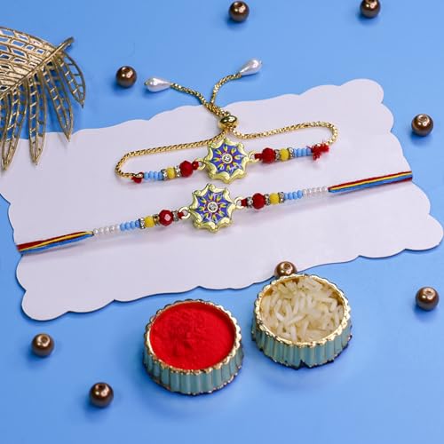 Image of Oblivion Rakhi Set for Brother and Bhabhi - Peacock with Feather Gift for Bhai & Lumba for Bhabhi with Silver Colour Coin and Greeting Card - Raksha Bandhan Combo