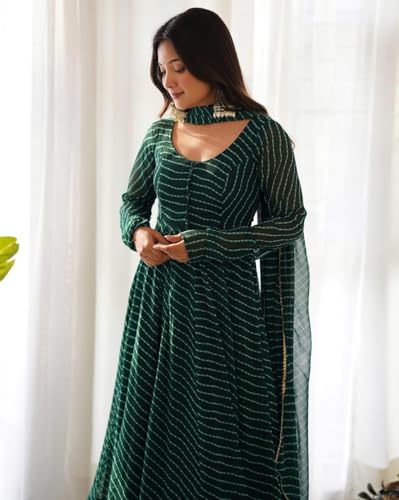Image of Women's Lehariya Print Georgette Anarkali Fit Long Sleeves Lightweight Ethnic Wear Gown + Dupatta (H E 00391)
