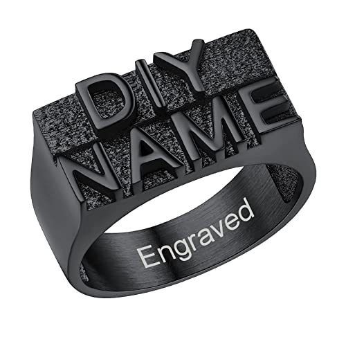 Custom4U Personalized Name Ring Unisex Custom Block Letter/Name/Initial/Year/Word Rings,Stainless Steel/Gold/Black Customzied Nameplate Ring for Women Men (Gift Box) 2.2 Black