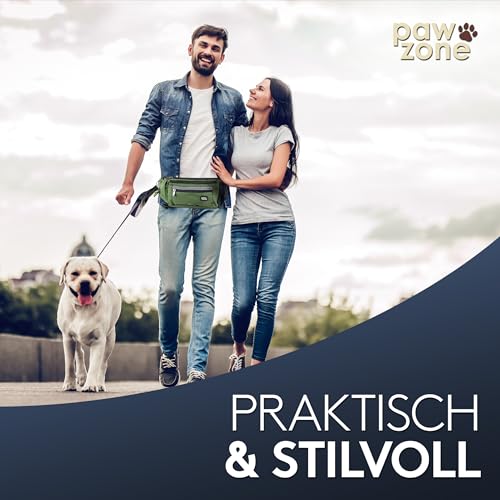 PAWZONE Futterbeutel Hunde - Leckerlibeutel für Hunde - Bauchtasche für Hunde Zubehör - Leckerlitasche für Hunde - Inkl. Reflektorband & Zusatzgurt für Flexileine (Olivgrün)