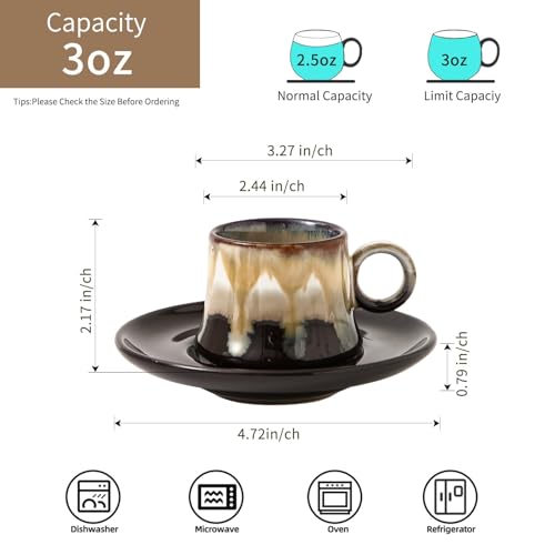 Vvxliv Espresso Cup and Saucer Set of 6 for Espresso Cappuccino Latte Americano Tea Turkish Coffee 3oz Porcelain Demitasse Cup Microwave Dishwasher Safe Unique Finish Coffee Cup Gift