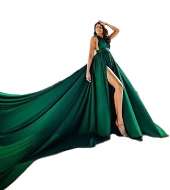 Robe shooting photo émeraude col V plongeant fente frontale avec traîne de 5m