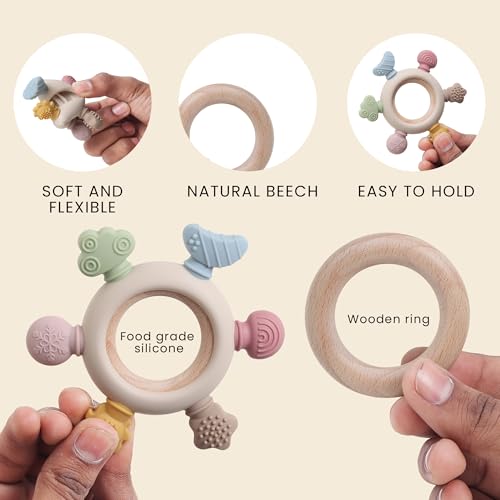 Image of Niwlix Silicone Baby Teething Ring, Multi-Coloured Textured Sensory Toy with 6 Soothing Elements Baby Teether 6-12 Months Soft