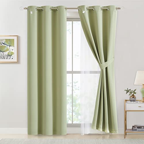 Image of Bujasso Sage Green Blackout Curtains with Sheer Overlay Mix and Match Double Layer 90% Room Darkening Window Panels 95 inch Living Room Bedroom Green Drapes with Tiebacks Grommet Top 37 inch Wx95 Lx2