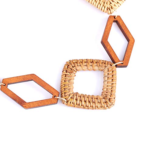 Handwoven Rattan Jewelry For Women Statement Wood Straw Weaving Long Strand Necklace Geometric Caned Wicker Loop Pendant Lariat Collar Necklace (Square) #TOP2