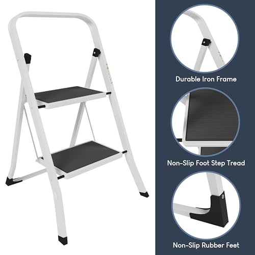Home Vida 2 Step Ladder - Heavy Duty Steel Folding Ladder with Slip-Resistant and Wide Steps, Folding Mechanism, 150kg Max Load, Home/Kitchen/DIY/Garden Use, White - Image 6
