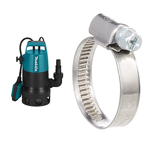 Makita PF0410 elektrische Tauchpumpe, Schmutzwasser bis 35 mm Partikelgröße, 400 Watt & Cornat Schlauchschelle - Ø 20-32 mm Spannweite - 9 mm Bandbreite - 2 Stück im Set