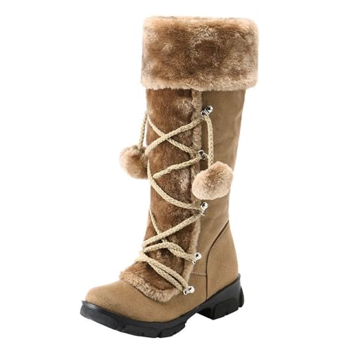 Mid Calf Boots for Women,Winter Lace Up Platform Anti-Slip Furry Snow Boots Fur Lined Keep Warm Riding Boots