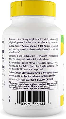Healthy Origins Vitamin E, 400 Iu With Naturally Sourced Mixed Tocopherols - Vitamin E Supplement - Non-Gmo & Gluten-Free Skin, Hair, & Nails Vitamin - 90 Softgels #TOP2
