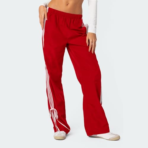 Aopwsrlyi Women Wide Leg Track Pants Y2K Parachute Pants Elastic Low Rise Side Striped Sweatpants with Pockets2