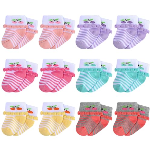 Image of Toulite 12 Pairs Baby Ruffle Ankle Socksturn Cuff Cotton Girls and Boys Non-slip Warm Socks
