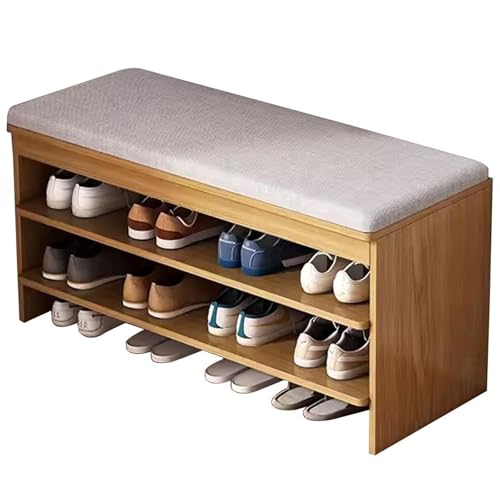 Banc à chaussures en bois noble meuble de rangement chic avec assise en lin