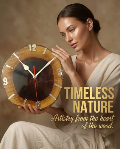Image of Wall Clock | Handcrafted Sheesham Wooden Wall Clock with Silent Sweep Quartz Movement - Solid Wood Wall Clock for Living Room, Office & Home Decor (Rustic Design) (Silver)