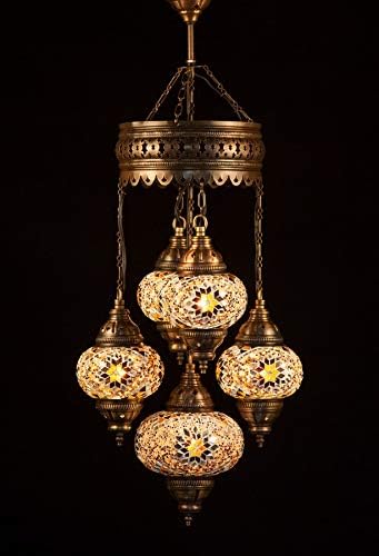 Mosaic Spiral Hanging Design Chandelier Ceiling Lightning Turkish Moroccan Ottoman Style Handmade Glass Lamp Special Decoration Lightning Lamp (Brown&Amber Line Size 4+1)