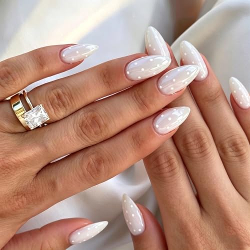White Press on Nails Polka Dot Fake Nails Short Almond False Nails press ons Reusable Glossy Glue on Nails for Elegant Women & Daily Wear 24Pcs